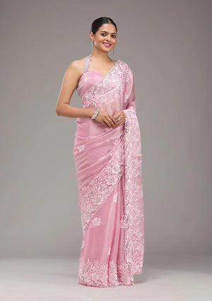 Fashion Cave Pink Stonework Tissue Saree