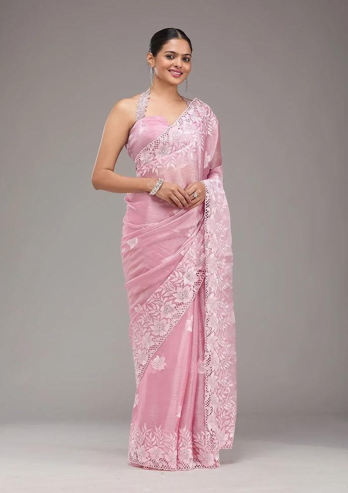Fashion Cave Pink Stonework Tissue Saree