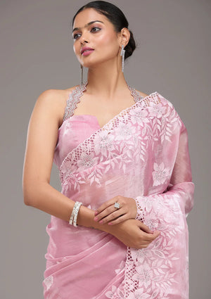 Fashion Cave Pink Stonework Tissue Saree
