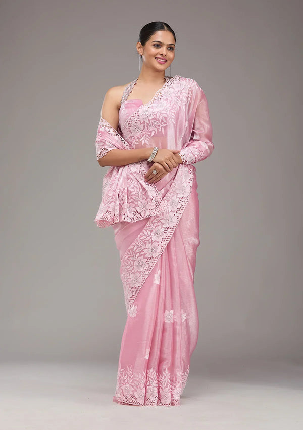 Fashion Cave Pink Stonework Tissue Saree