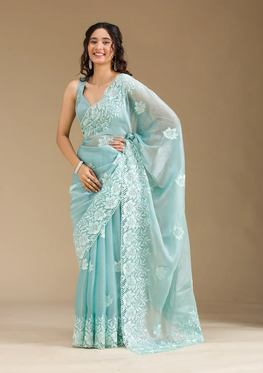 Fashion Cave Sea Green Stonework Tissue Saree