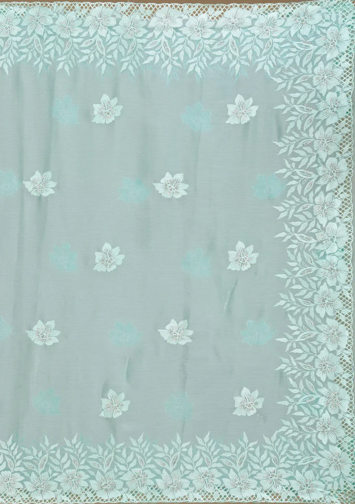 Fashion Cave Sea Green Stonework Tissue Saree