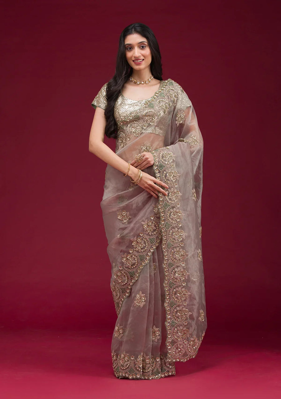 Fashion Cave Sea Green Sequins Tissue Saree