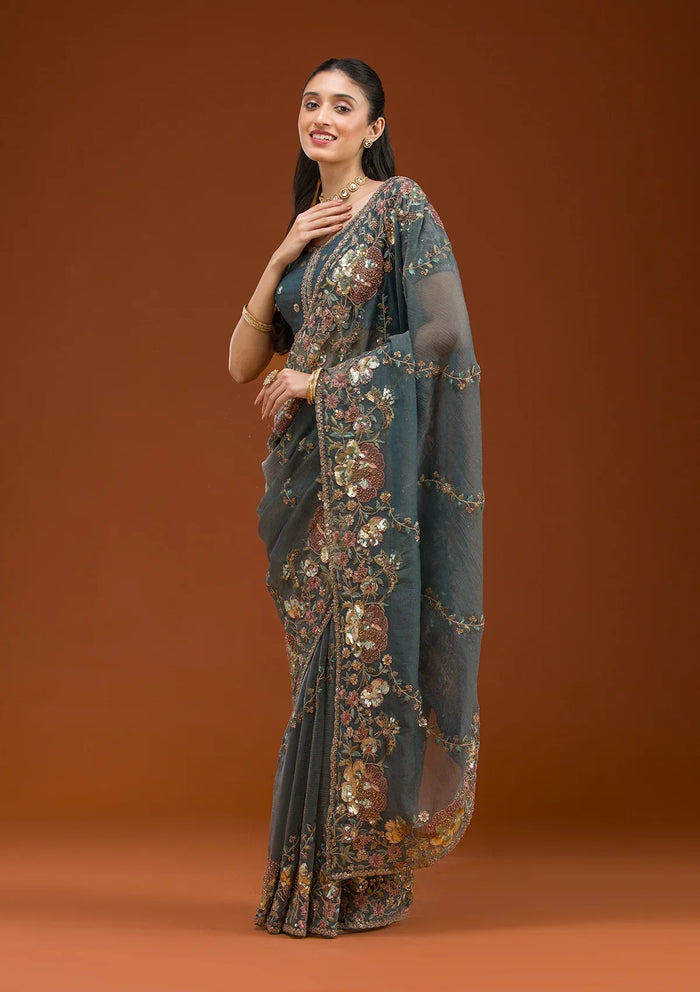 Fashion Cave Light Grey Sequins Tissue Saree