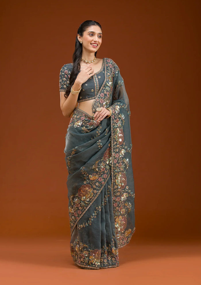Fashion Cave Light Grey Sequins Tissue Saree