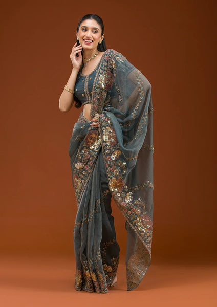 Fashion Cave Light Grey Sequins Tissue Saree