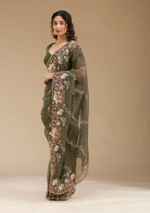 Fashion Cave Mehendi Sequins Tissue Saree