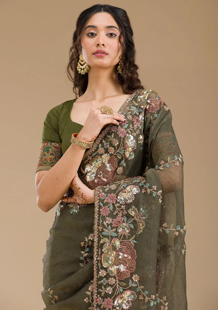 Fashion Cave Mehendi Sequins Tissue Saree