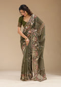 Fashion Cave Mehendi Sequins Tissue Saree