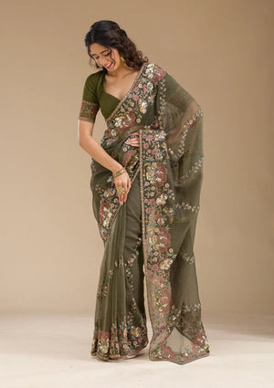 Fashion Cave Mehendi Sequins Tissue Saree
