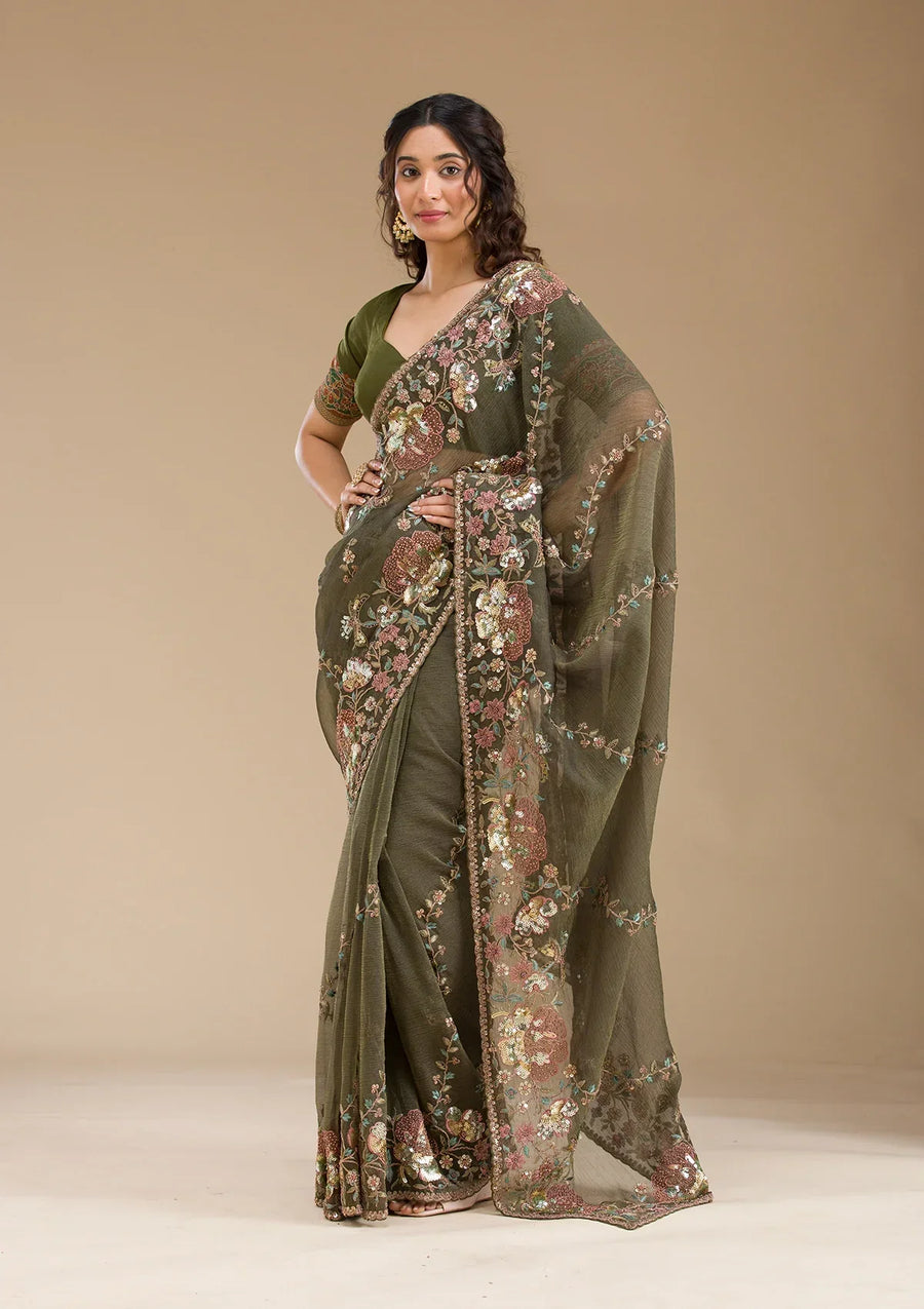 Fashion Cave Mehendi Sequins Tissue Saree
