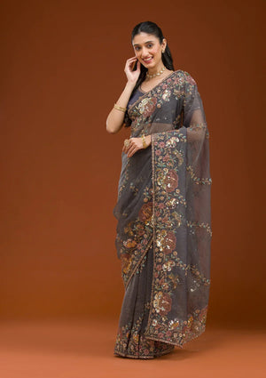 Fashion Cave Purple Sequins Tissue Saree