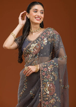 Fashion Cave Purple Sequins Tissue Saree
