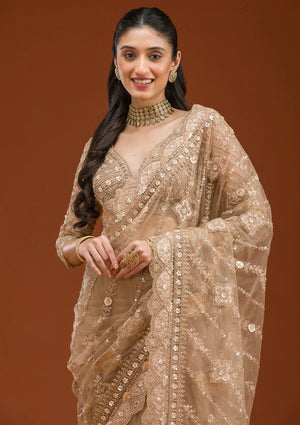 Fashion Cave Beige Stonework Net Saree