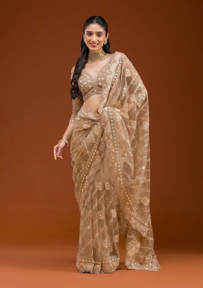 Fashion Cave Beige Stonework Net Saree