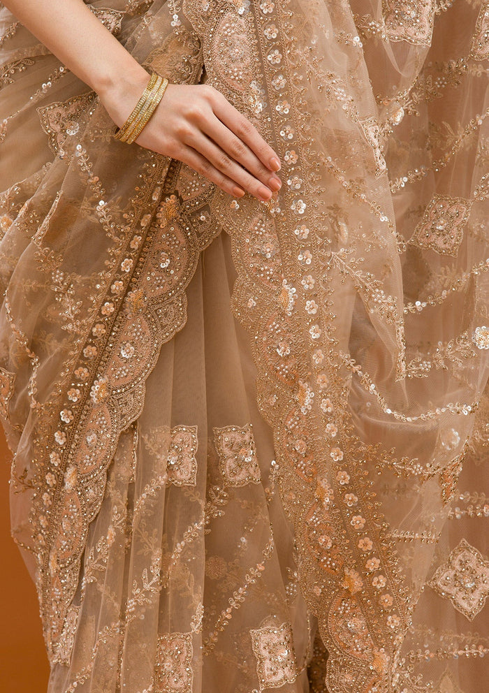 Fashion Cave Beige Stonework Net Saree