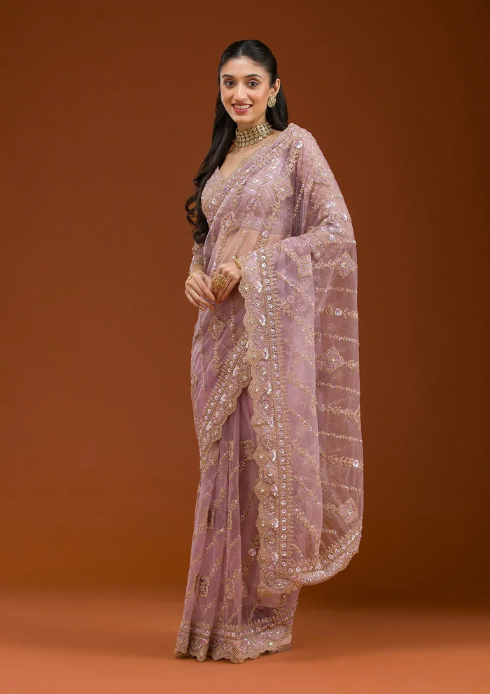 Fashion Cave Lavender Stonework Net Saree
