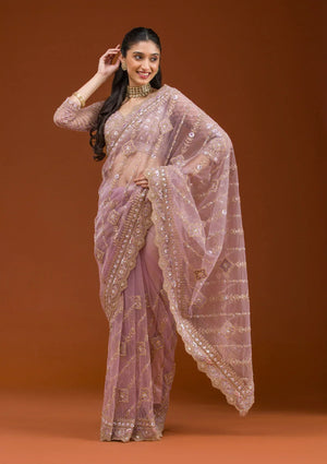 Fashion Cave Lavender Stonework Net Saree