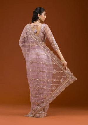 Fashion Cave Lavender Stonework Net Saree