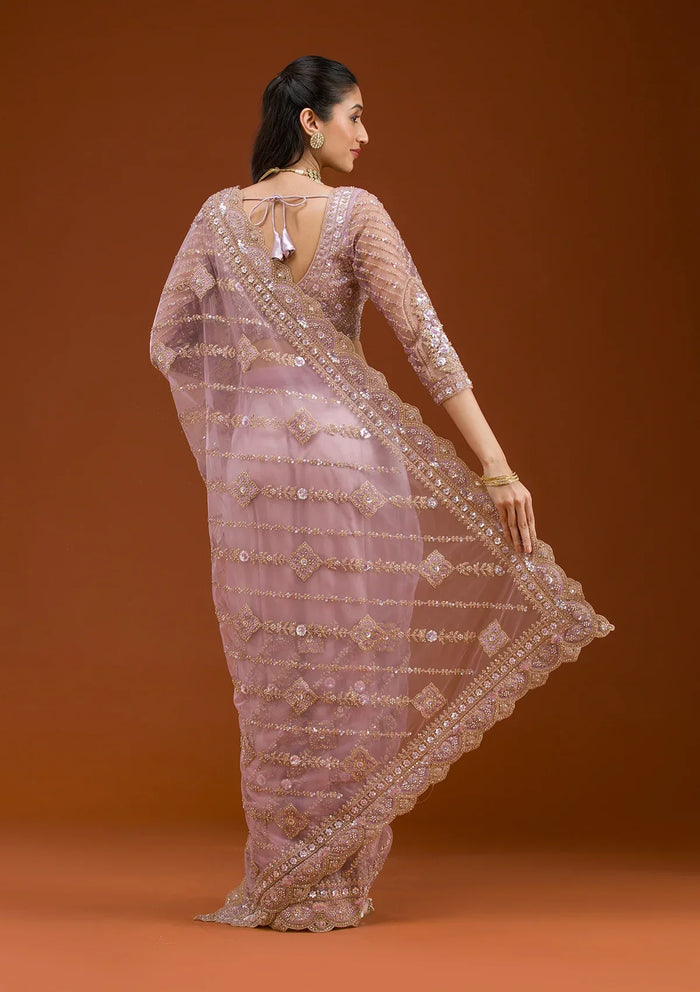 Fashion Cave Lavender Stonework Net Saree