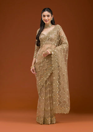 Fashion Cave Beige Stonework Net Saree