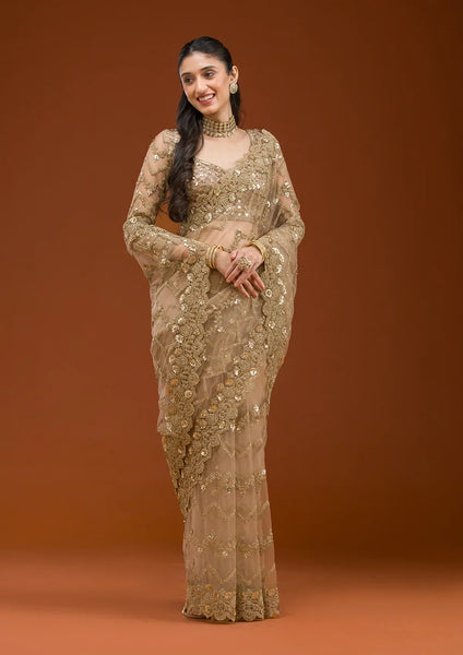 Fashion Cave Beige Stonework Net Saree
