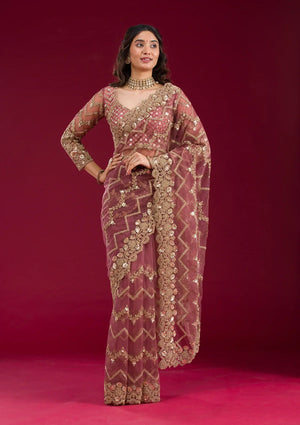 Fashion Cave Mauve Stonework Net Saree