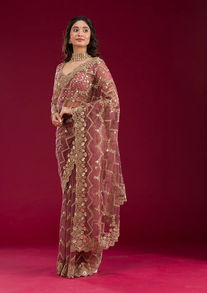 Fashion Cave Mauve Stonework Net Saree
