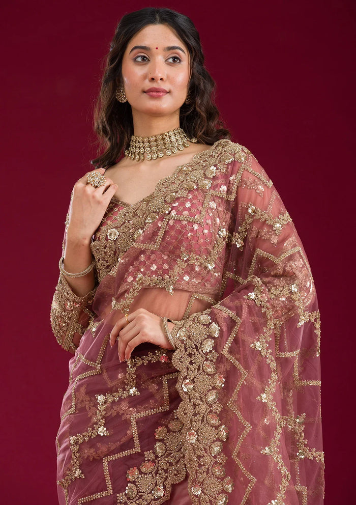Fashion Cave Mauve Stonework Net Saree