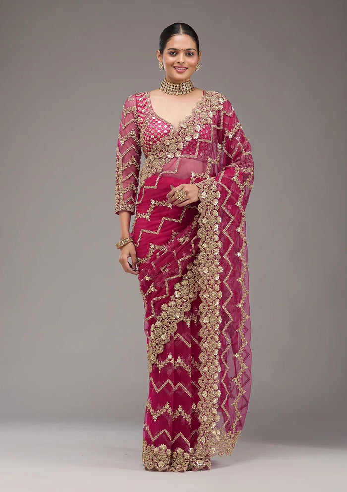 Fashion Cave Rani Pink Stonework Net Saree