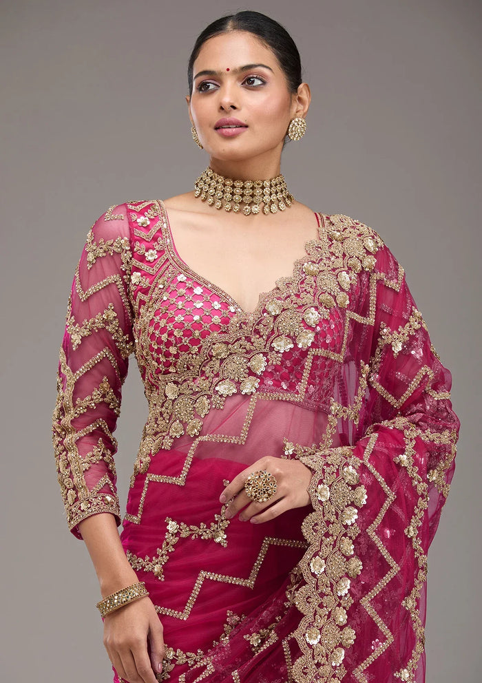 Fashion Cave Rani Pink Stonework Net Saree