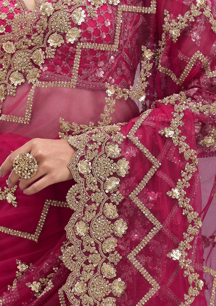 Fashion Cave Rani Pink Stonework Net Saree