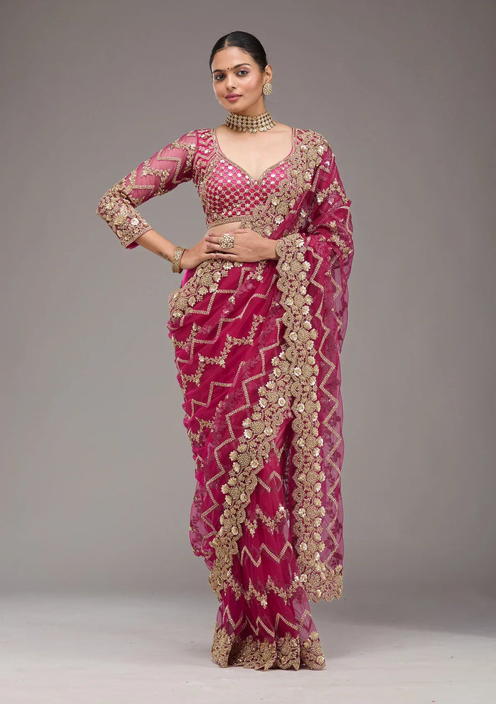 Fashion Cave Rani Pink Stonework Net Saree