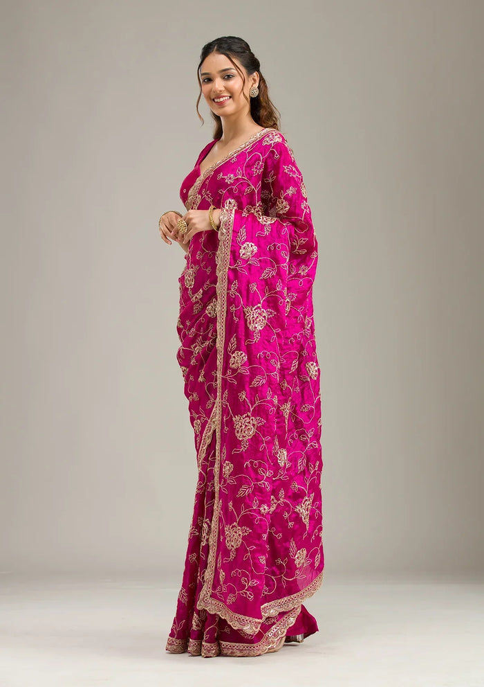 Fashion Cave Magenta Pink Cording Chinon Saree