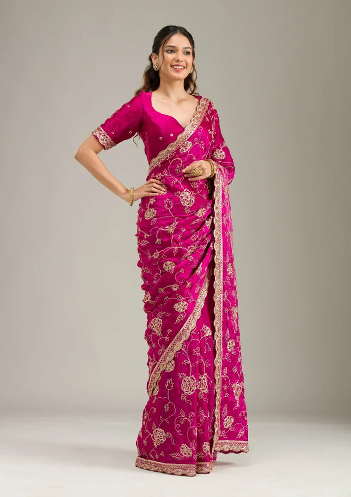 Fashion Cave Magenta Pink Cording Chinon Saree