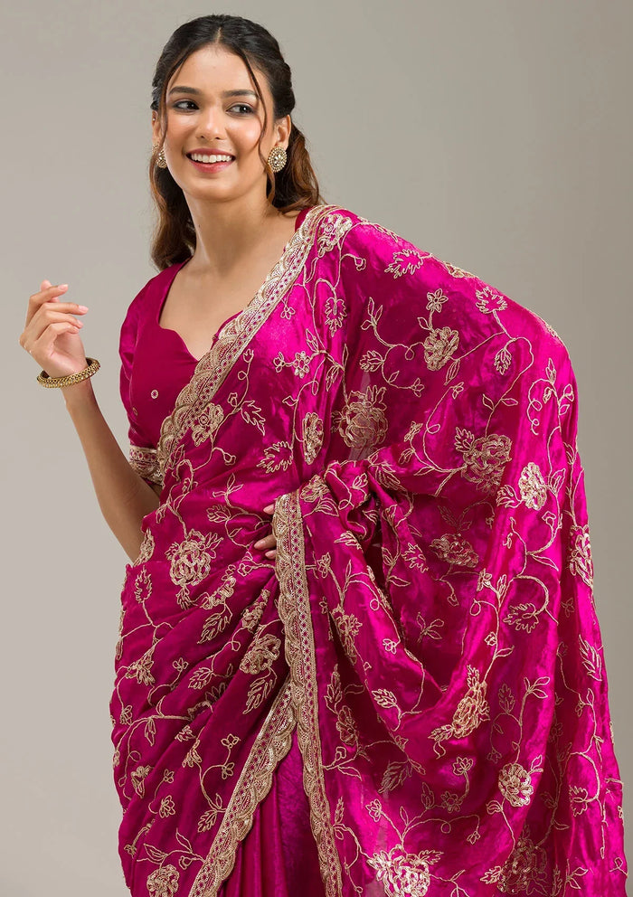 Fashion Cave Magenta Pink Cording Chinon Saree