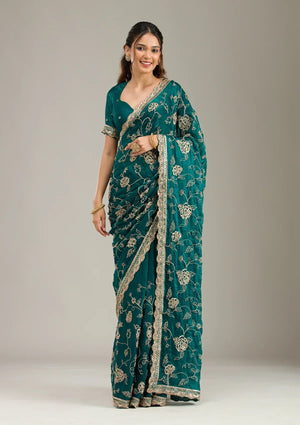 Fashion Cave Rama Green Cording Chinon Saree