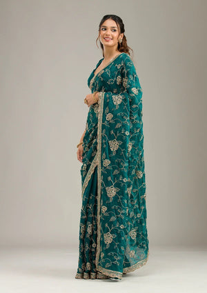 Fashion Cave Rama Green Cording Chinon Saree