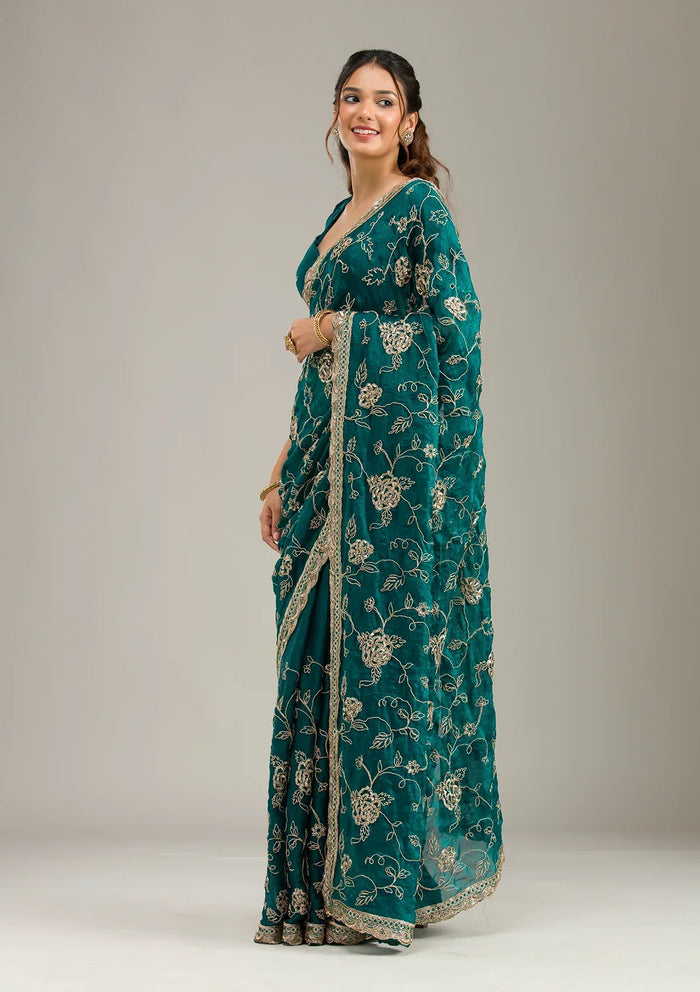 Fashion Cave Rama Green Cording Chinon Saree