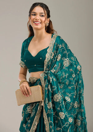 Fashion Cave Rama Green Cording Chinon Saree