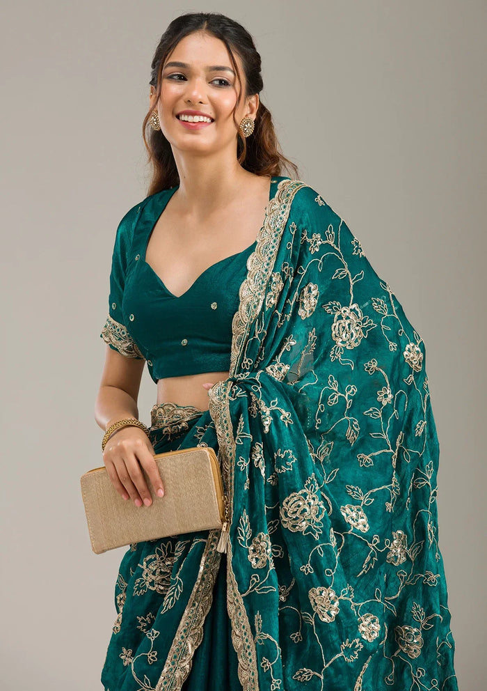 Fashion Cave Rama Green Cording Chinon Saree