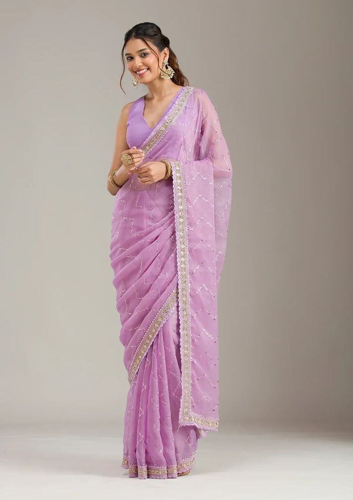 Fashion Cave Lavender Stonework Soft Raw Silk Saree