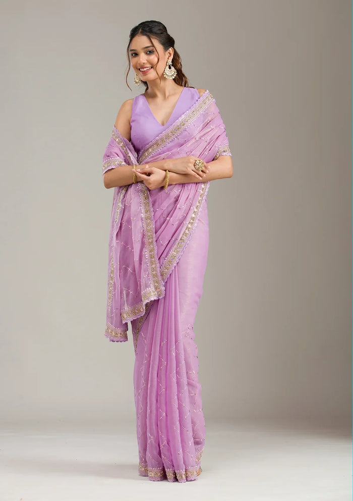 Fashion Cave Lavender Stonework Soft Raw Silk Saree