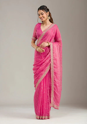 Fashion Cave Pink Stonework (Gold) Tissue Saree