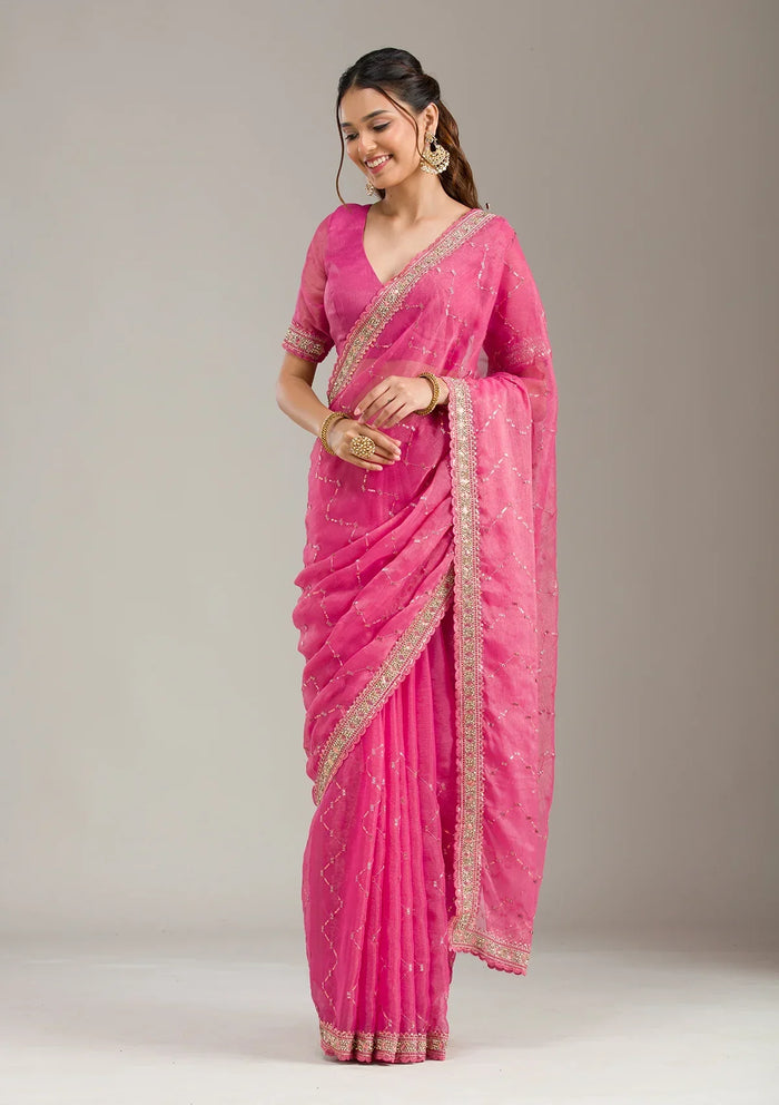 Fashion Cave Pink Stonework (Gold) Tissue Saree