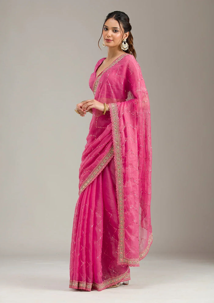 Fashion Cave Pink Stonework (Gold) Tissue Saree