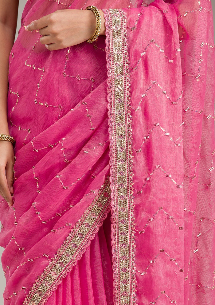 Fashion Cave Pink Stonework (Gold) Tissue Saree