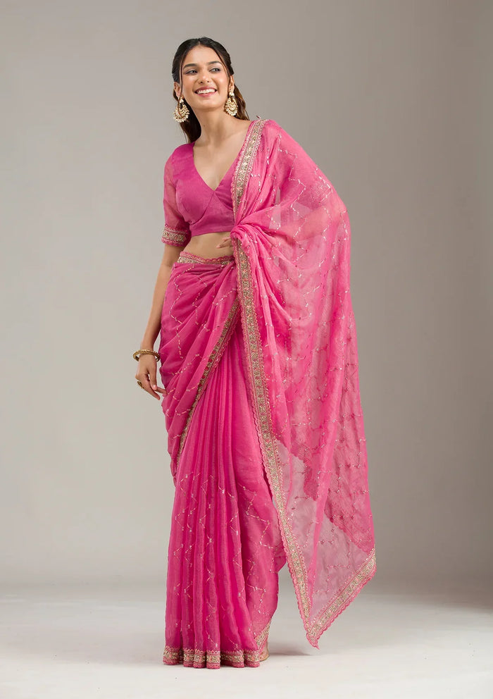 Fashion Cave Pink Stonework (Gold) Tissue Saree