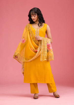 Fashion Cave Mustard Threadwork Art Silk Readymade Salwar Suit