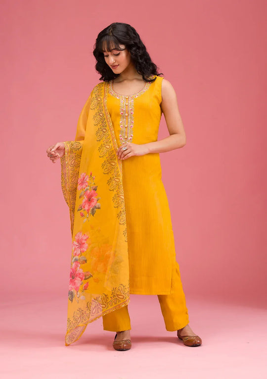 Fashion Cave Mustard Threadwork Art Silk Readymade Salwar Suit